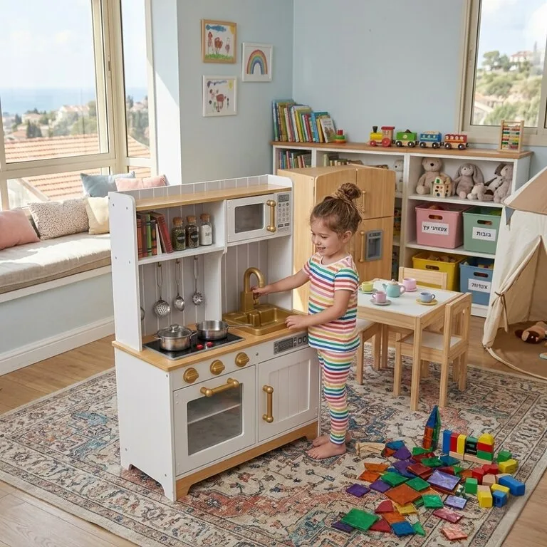 מטבח מעוצב לילדים מעץ דגם שרון בצבע לבן זהב עם כריים אלרטרונים, תנור כיור עם ברז, וכלי מטבח