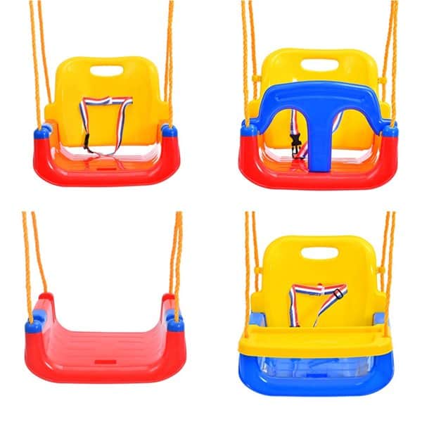 נדנדה רב שלבית לתינוקות ופעוטות עם חבלים באורך מתכוונן וחגורת בטיחות בצבעי כחול/צהוב/אדום