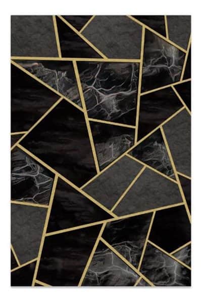 שטיח לסלון גיאומטרי שחור אפור - פסים זהובים