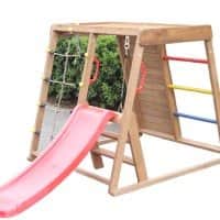 מתקן טיפוס משולב מעץ אורן איכותי בצבעי עץ בעיצוב קשת וענן עם סולם, חבלים, נדנדה ומגלשה 123*135*120