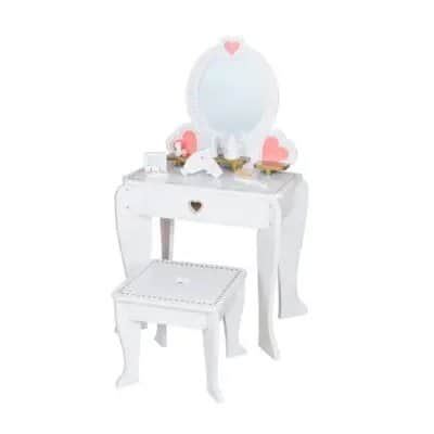 שידת איפור לבנה או ורודה מעץ מדהימה לילדים דגם רון כולל שרפרף, מראה ומגירה מעץ לגלאי 3-7