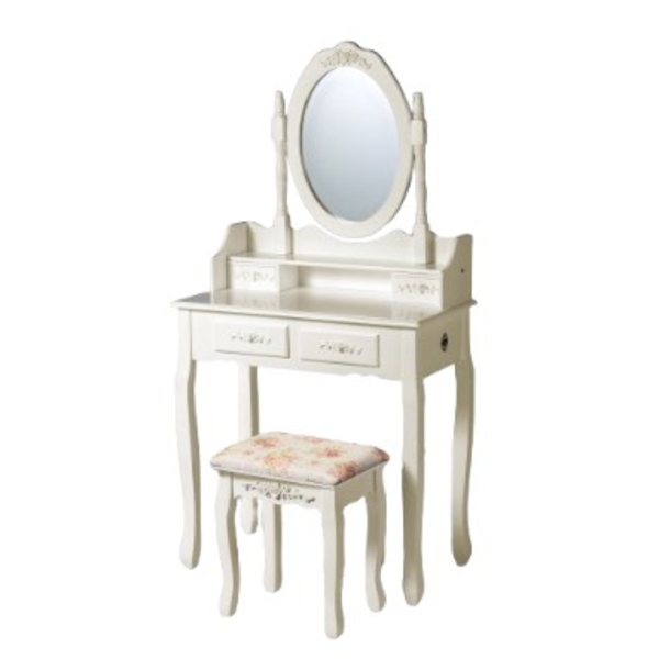 שידת איפור מעץ דגם נוגה לגיל 5-12 בצבע שמנת בז כולל שרפרף, מראה ומגירות מעץ