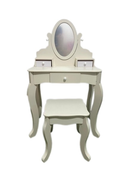 שידת איפור לילדים דגם סיגל לגיל 4-9 שמנת כולל שרפרף, מראה ושני ומגירות אחסון מפלסטיק