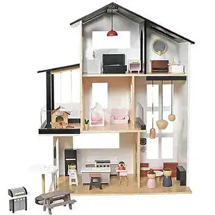 בית בובות דגם אביגל רטרו, בצבעי עץ טבעי לבן שחור, כולל ריהוט 27 חלקים מעץ.
