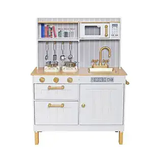 מטבח מעוצב לילדים מעץ דגם שרון בצבע לבן זהב עם כריים אלרטרונים, תנור כיור עם ברז, וכלי מטבח