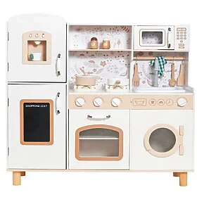 מטבח-מעץ-מפואר-לילדים-דגם-עומר-בצבעי-לבן-ואפרסק-עם-כיריים-אלקטרוניים-מיקרוגל-תנור-כיור-מים-בר מים ומכונת-כבסה