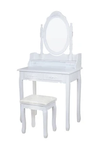 שידת איפור לבנה מעץ מדהימה לילדים דגם נגה לבן כולל שרפרף, מראה ומגירות אחסון מעץ לגלאי 5-12