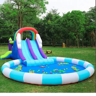 מתנפח טירה מגלשה כפולה עם בריכה עגולה דוקטור דולפין כולל מפוח