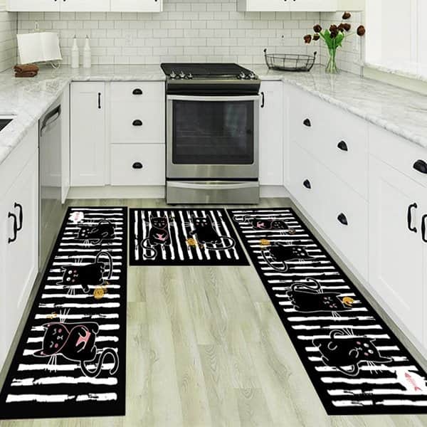 סט 3 שטיחי מטבח חתולים שחור לבן