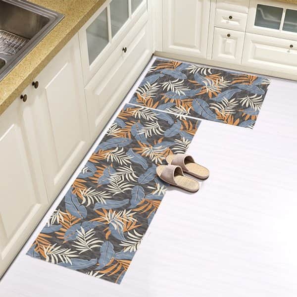 סט זוג שטיחי מטבח - עלים לבן תכלת כתום