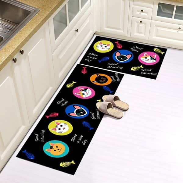 סט זוג שטיחי מטבח - חתולים בעיגולים שחור