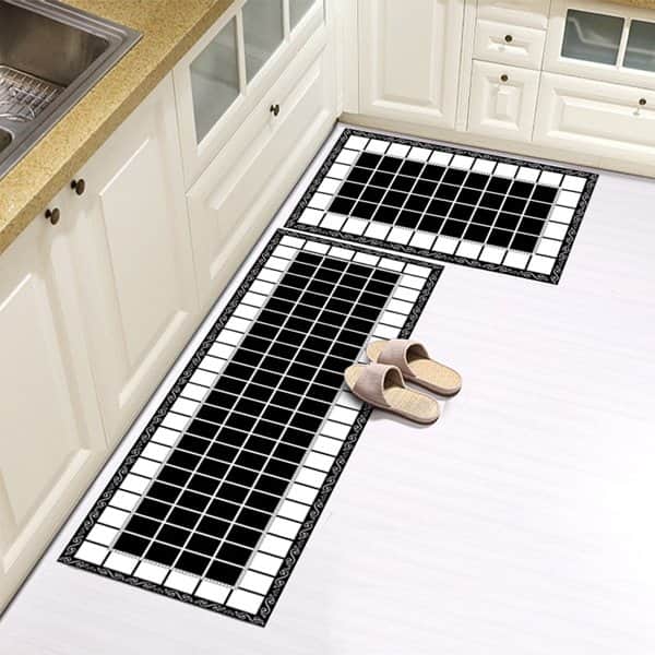 L-סט זוג שטיחי מטבח - משבצות שחור על מסגרת לבנה