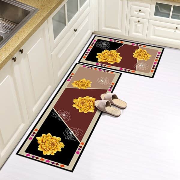 סט זוג שטיחי מטבח - פרחים צהובים על סגול