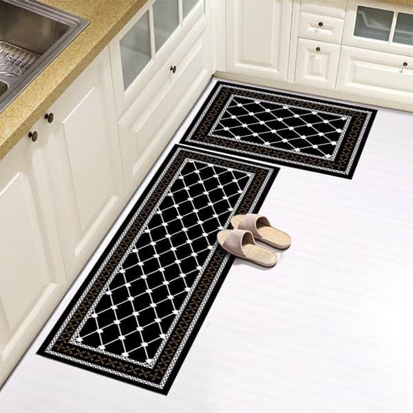 סט זוג שטיחי מטבח - משבצות שחור מסגרת חומה