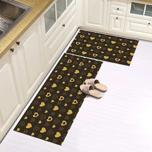 סט זוג שטיחי מטבח - לבבות צהובים על חום