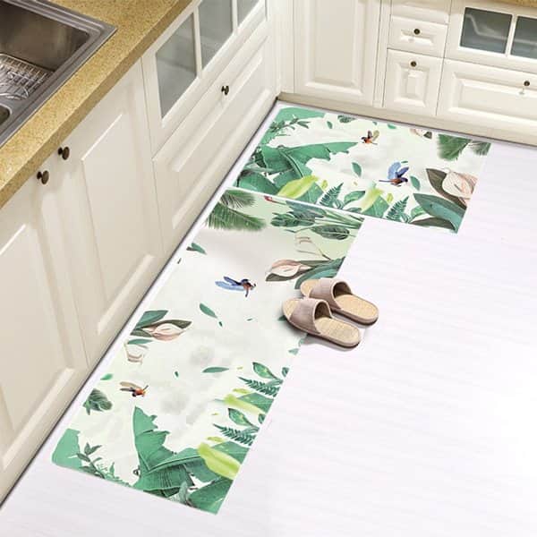 סט זוג שטיחי מטבח - עלים ירוקים וציפורים