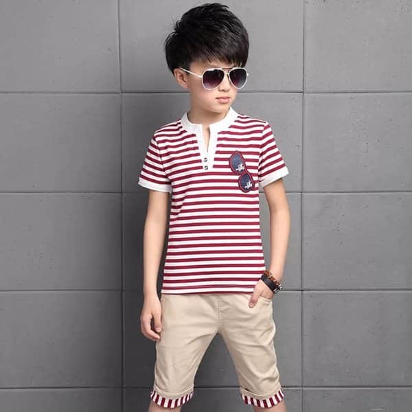 סט חולצת משקפיים פסים ומכנס חאקי - אדום