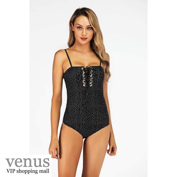 9038 - בגד ים שלם שרוכים מנוקד שחור