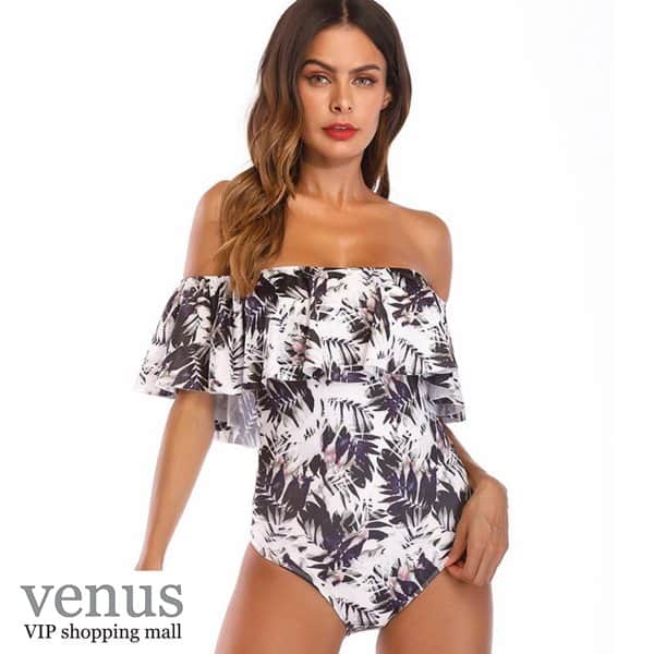 9006 - בגד ים שלם מלמלת כתפיים הדפס טרופי שחור-לבן