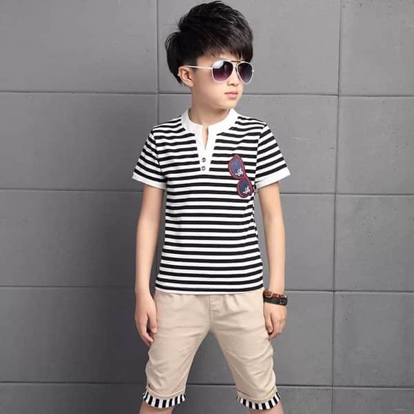 סט חולצת משקפיים פסים ומכנס חאקי - שחור