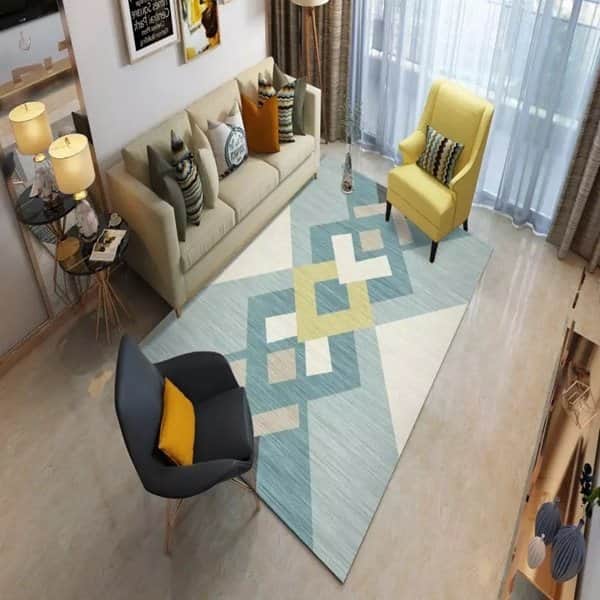 שטיח לסלון מעויינים - תכלת שמנת רטרו שיופים לבן