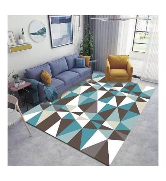 שטיח לסלון גיאומטרי - חום תכלת לבן